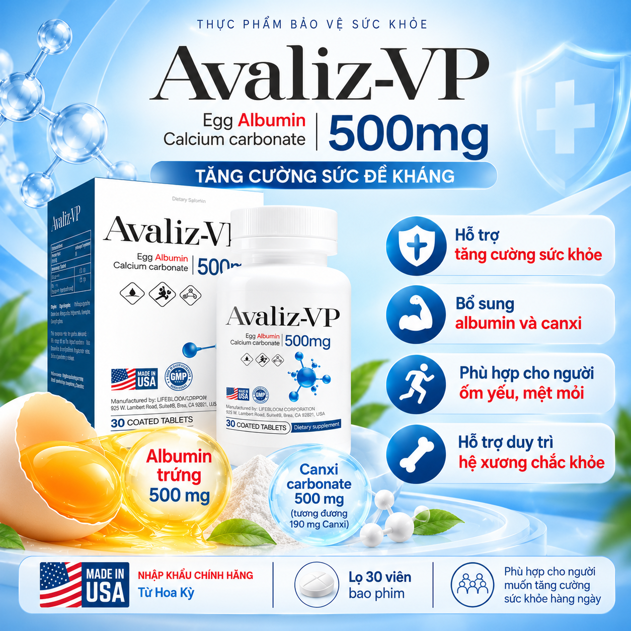 Avaliz-VP 500mg – Bổ Sung Albumin Trứng & Canxi Cho Người Mệt Mỏi, Sức Đề Kháng Kém