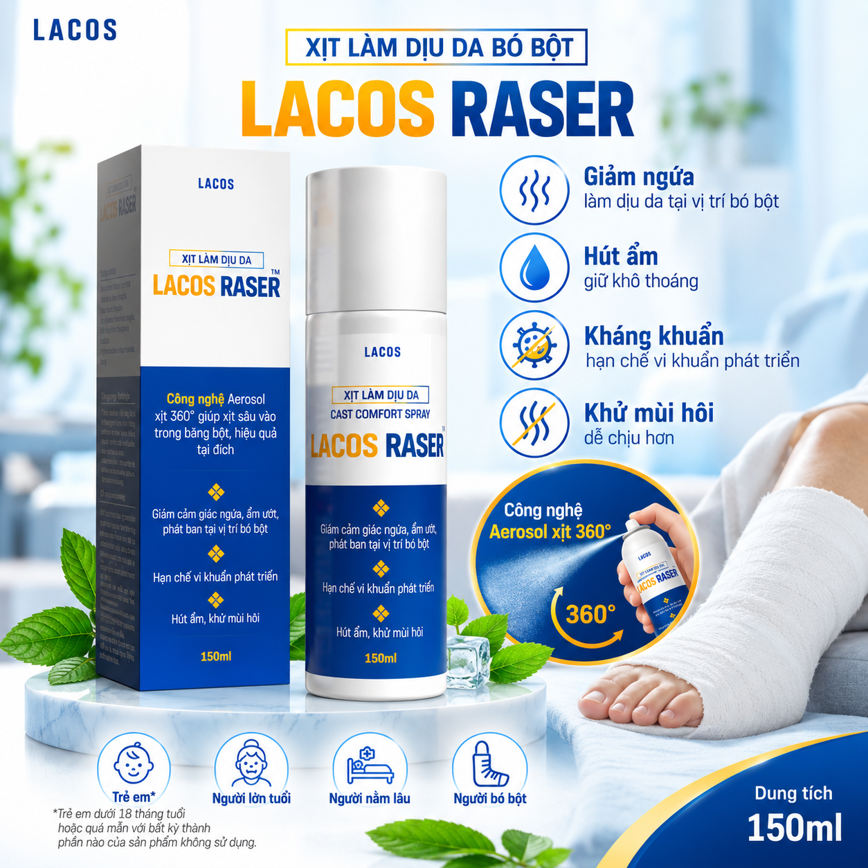 Lacos Raser 150ml – Xịt Làm Dịu Da Khi Bó Bột, Giảm Ngứa, Ẩm Ướt Và Khử Mùi